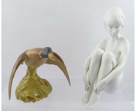 A SPODE BONE CHINA MODEL OF A MALLARD, settling, (Anas Platyrhynchos), 15cm high, together with a bisque porcelain "KAISER" M