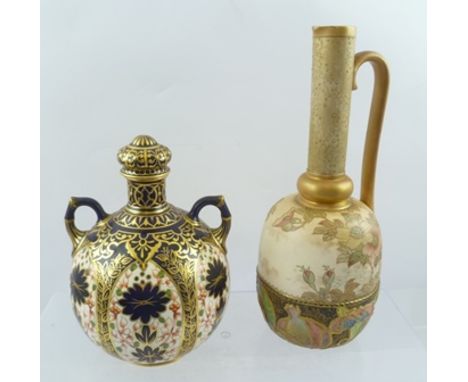 A DERBY GLOBULAR CHINA FLASK, with two shoulder handles and cover, painted and gilded in the Imari palette, iron red factory 