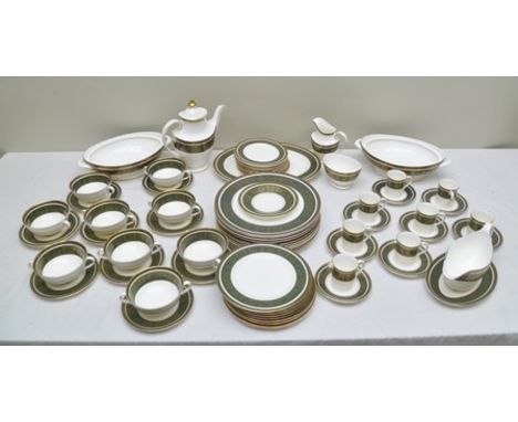 A ROYAL DOULTON "VANBOROUGH" PATTERN BONE CHINA DINNER SET, comprising gravy boat and saucer, 2 x vegetable dishes, meat dish