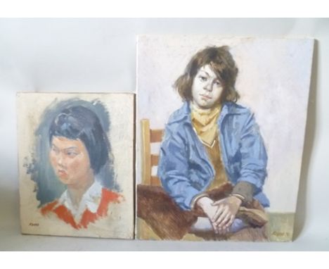 ARTHUR KEENE (1930-2014) "Portrait of Ben, seated in a blue coat", a study of the Artist's son, Oil on canvas, signed and dat