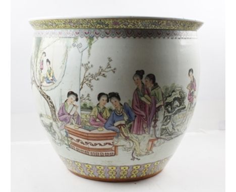 A CHINESE FAMILLE ROSE PLANTER, polychrome painted in the round with Bijin in landscape, 35cm high 