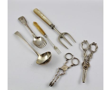 HARRISON BROTHERS & HOWSON A LATE VICTORIAN SILVER BREAD FORK, Sheffield 1892, with mother-of-pearl handle, together with a G