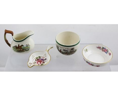 A ROYAL CROWN DERBY "DERBY POSIES" PATTERN TEA STRAINER WITH DISH, together with a Copeland Spode 'The Huntsman' pattern CREA