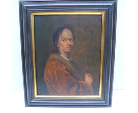 BRITISH SCHOOL Portrait of a Gentleman in fur trimmed coat, 18th century style, Oil on panel in stained moulded frame, 33cm x