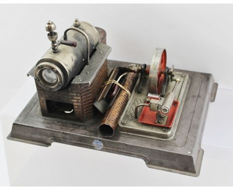 A "WILESCO" STATIONARY MODEL STEAM ENGINE of steam plant design, on platform base, 26cm x 20cm 