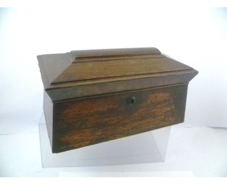 A 19TH CENTURY ROSEWOOD SARCOPHAGUS FORM TEA CADDY, the hinged cover opens to reveal a pair of lidded tea canisters flanking 