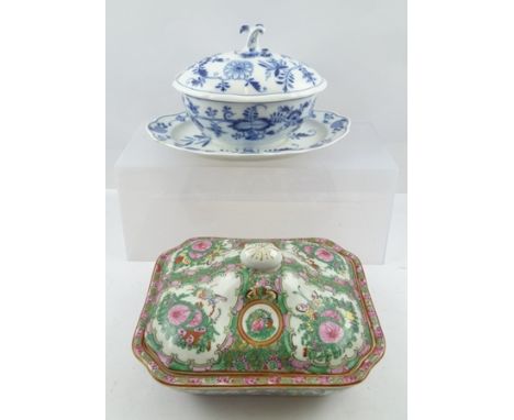 A MEISSEN BLUE AND WHITE "ONION" PATTERN TUREEN, with integral base, the cover with scroll knop, together with a "Famille Ros