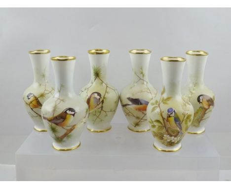 A SET OF SIX CHINA VASES, hand painted by Leighton Maybury (also painted for Royal Worcester), with garden bird decoration, d