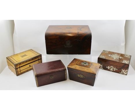 A VICTORIAN ROSEWOOD WRITING SLOPE, 30.5cm wide, together with a CADDY and THREE JEWELLERY CASKETS (5) 