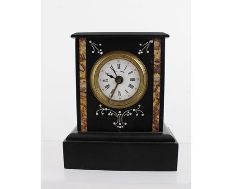 A 19TH CENTURY FRENCH ALARM MANTEL CLOCK, decorated black slate, with enamel dial and adjustable brass alarm indicator, 18cm 