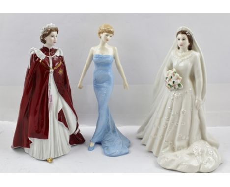 TWO ROYAL WORCESTER FIGURINES OF QUEEN ELIZABETH II one in her wedding dress, the other in the robes of The Order of The Brit