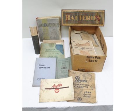 A BOX OF MOTORING COLLECTABLES, including Glenn's Sunbeam Workshop Manual, an Austin Motor Company Ltd. November 12th 1934 Ca