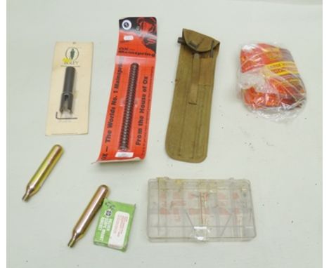 A QUANTITY OF UNUSED AIR RIFLE EQUIPMENT, viz. mainspring, scope mount, ring set, silencer, power lets and cleaning rod, a "V