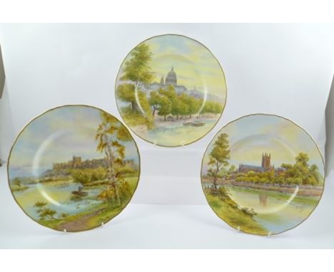 THREE ROYAL WORCESTER HAND PAINTED CABINET PLATES, includes "Windsor Castle" signed "N. Creed", with gilt rim, 27.5cm diamete