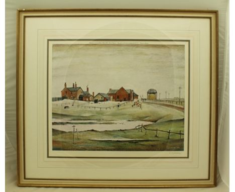 AFTER LAURENCE STEPHEN LOWRY R.A. (1887-1976) "Landscape with Farm Buildings", a colour reproduction, signed in pencil with t