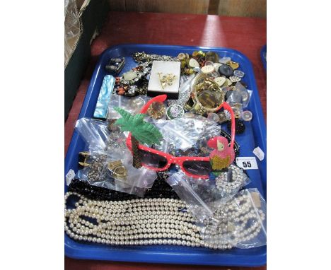 Assorted Costume Jewellery, including imitation pearls, brooches, buttons, folding comb, novelty sunglasses, etc:- One Tray