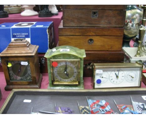 An Onyx Cased Mantel Clock, for Lister and Horsfall, Halifax, Manoah Rhodes carriage type clock, Rapport of London three dial