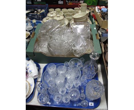 Lead Crystal Liqueurs, tumblers, waisted vase, oval 'boat' dishes, preserve jar, decanter, and other glassware:- One Tray and