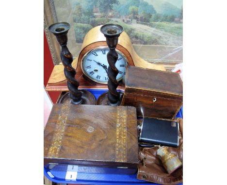 A Georgian Mahogany Tea Caddy, of rectangular form, a Victorian workbox, pair of oak barley twist candlesticks, hip flask, et