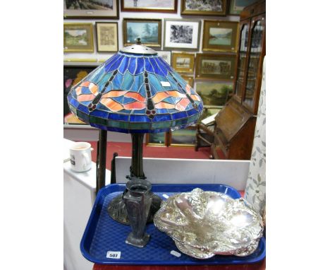 A Reproduction Tiffany Style Desk Lamp, leaded stained glass shade decorated with dragonflies, a reproduction Art Nouveau pew