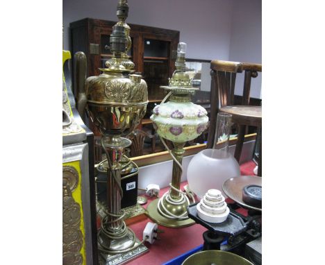 A Converted Oil Lamp, with glass funnel, glass well, urn shaped gilded brass table lamp and one other brass table lamp, all c