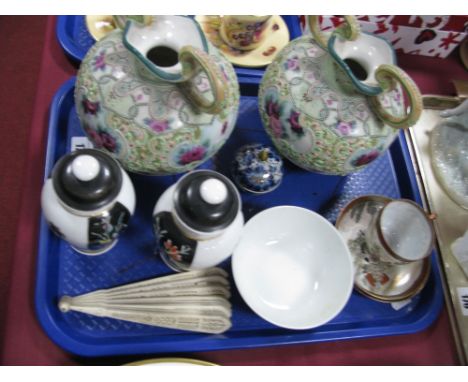 A Pair of Japanese Encrusted Floral Vases, (one foot damaged), other Oriental china, bone fan, etc:- One Tray