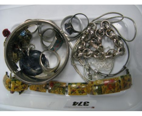 Costume Brooches, a wide hallmarked silver bangle, dress rings, panel bracelet, expanding bangle, pendant, chains, etc.