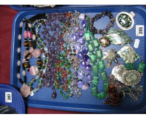 A Collection of Assorted Polished Hardstone Bead Necklaces, together with modern shell pendants, decorative cameo style penda