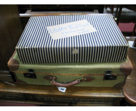 A WW2 Canvas and Leather De-Mob Case, (dated 1945) plus a vintage haberdashery box.
