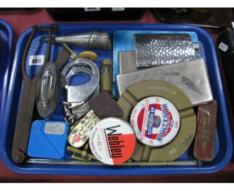 Hiatts 1960 Handcuffs, Ronson lighter, Stones brass ashtray, etc:- One Tray