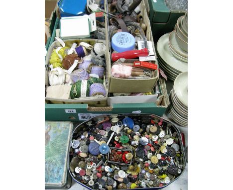 Vintage Sewing Accessories, cotton, thread, pins, etc, and a collection of vintage buttons, (box and tin). (2)