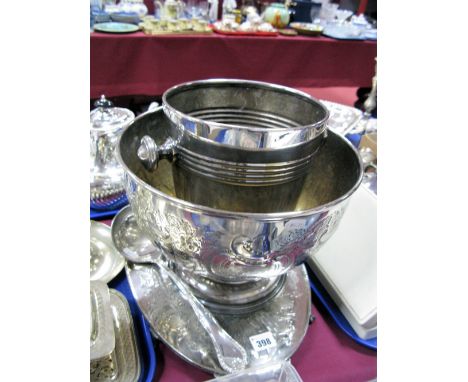 A Plated Punch Bowl, allover decorated in relief, oval twin handled tray, ice bucket, ladle, hipflask, etc. 