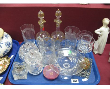 A Pair of Gilt Overlaid Oil Perfume Bottles, novelty glasses, bon bon dish, pin tray, lighter, etc:- One Tray