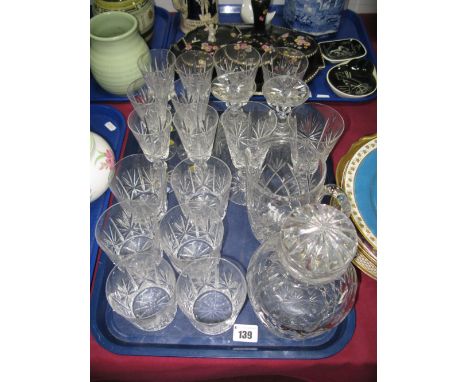 Six Whisky Glasses, jugs and decanter, two sets of six JJ lead crystal wines:- One Tray