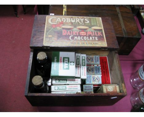 Vintage Advertising an early 1900's pine trade box advertising Cadbury's Chocolate, two Rose & Co. labelled bottles, Oxo tins