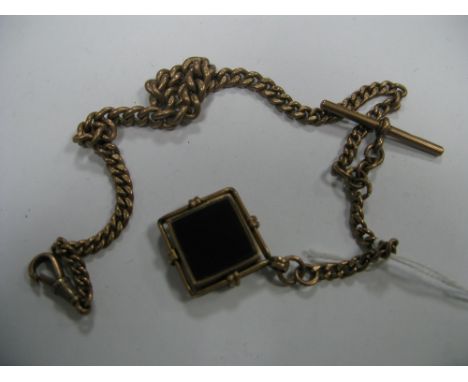 A 9ct Gold Graduated Curb Link Albert Chain, to swivel style clasp, suspending T-bar and hardstone inset compass pendant. 