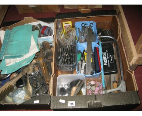 Tools, comprising G clamps, micrometer, hammers, files, drill bits, gauges, metal brush heads, shackles, etc:- Two Boxes