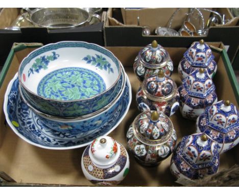 Nine Oriental Ginger Jars, and four ceramic bowls:- One Box