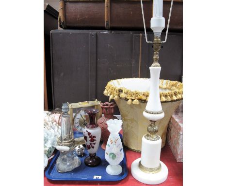 A Strathearn Clear Glass Table Lamp Base, an onyx and brass table lamp and shade, early XX Century glass vases, Chinese red e