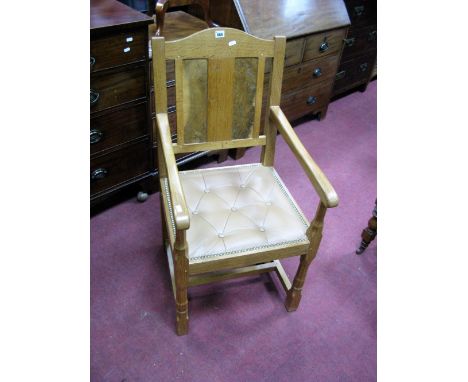 A Thompson of Kilburn Inspired Fumed Light Oak Open Armchair, shaped arch cresting over twin burr walnut panel splat, shaped 