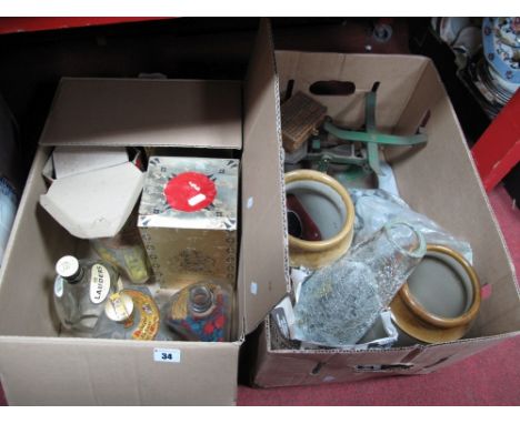Scales, stoneware jars, minerals, empty whisky bottles, etc:- Two Boxes