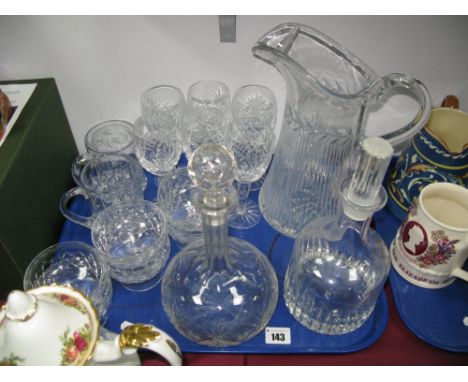 A Dartington Lead Crystal Decanter of Mallet Form, set of six crystal wines, six dessert dishes, heavy crystal jug, tankards,