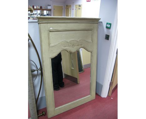 A Shabby Chic Cream Painted Rectangular Shaped Mirror, with a shaped panel over mirror.