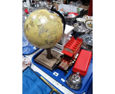 Terrestrial Globe on Wooden Stand, calendar, Singer button hole attachment, desk bell, etc:- One Tray 