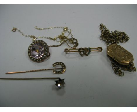 A 9ct Gold Locket Pendant, on belcher link chain; together with stick pins, single stone brooch within pearl border, etc.