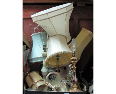 Three Onyx Table Lamps, two gilded examples, ivy leaf lamp and ceiling light:- One Box
