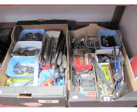 Tools, comprising files, Allen keys, rules, gauges, tap and dies, drill bits, locks, goggles, chisels, etc:- Two Boxes
