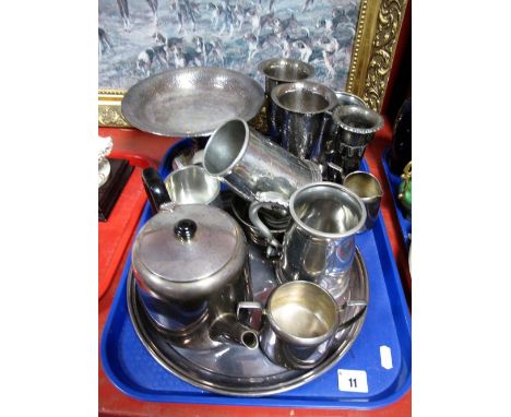 An EPNS Three Piece Tea Service, EPNS hand beaten vases, pedestal bowl, tankards, etc:- One Tray