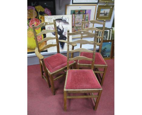 A Set of Six Ash Ladder Back Chairs, two arms, four single, with drop in seats, square legs, possibly Waring and Gillows.