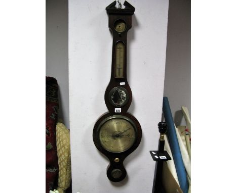 A XIX Century Mahogany Cased Banjo Barometer, with dry/damp dial, thermometer, butlers mirror and level (damage). 